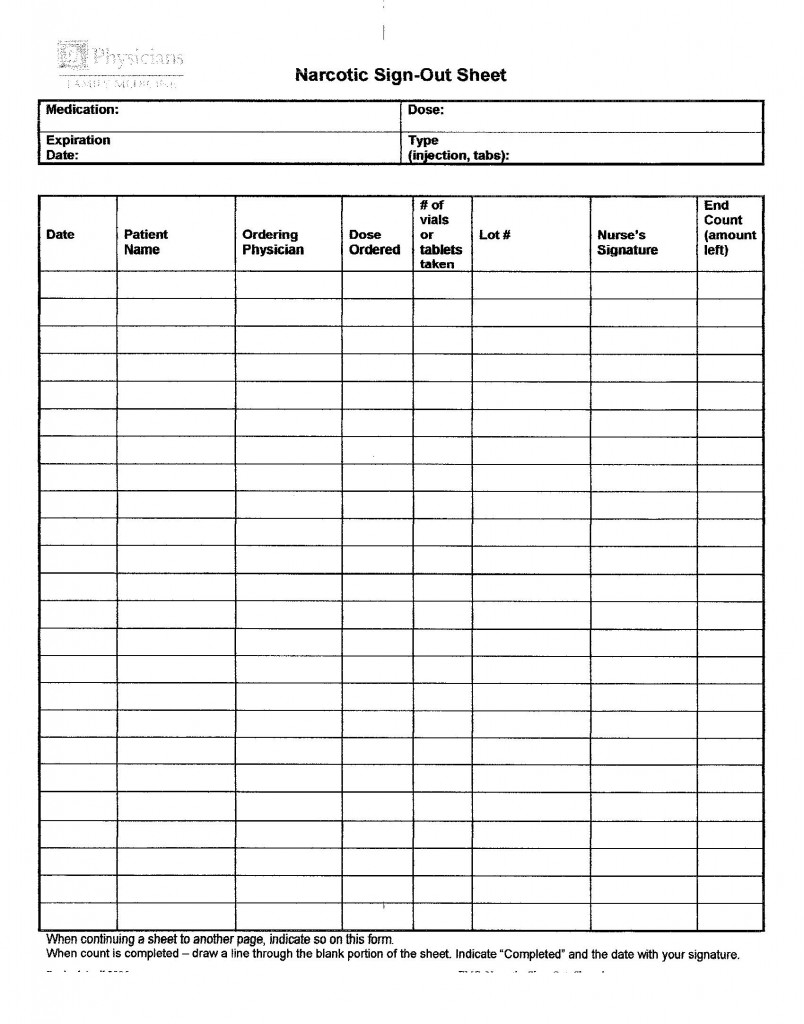 Sample Policies Narcotic Sign Out Sheet KDJ Consultants