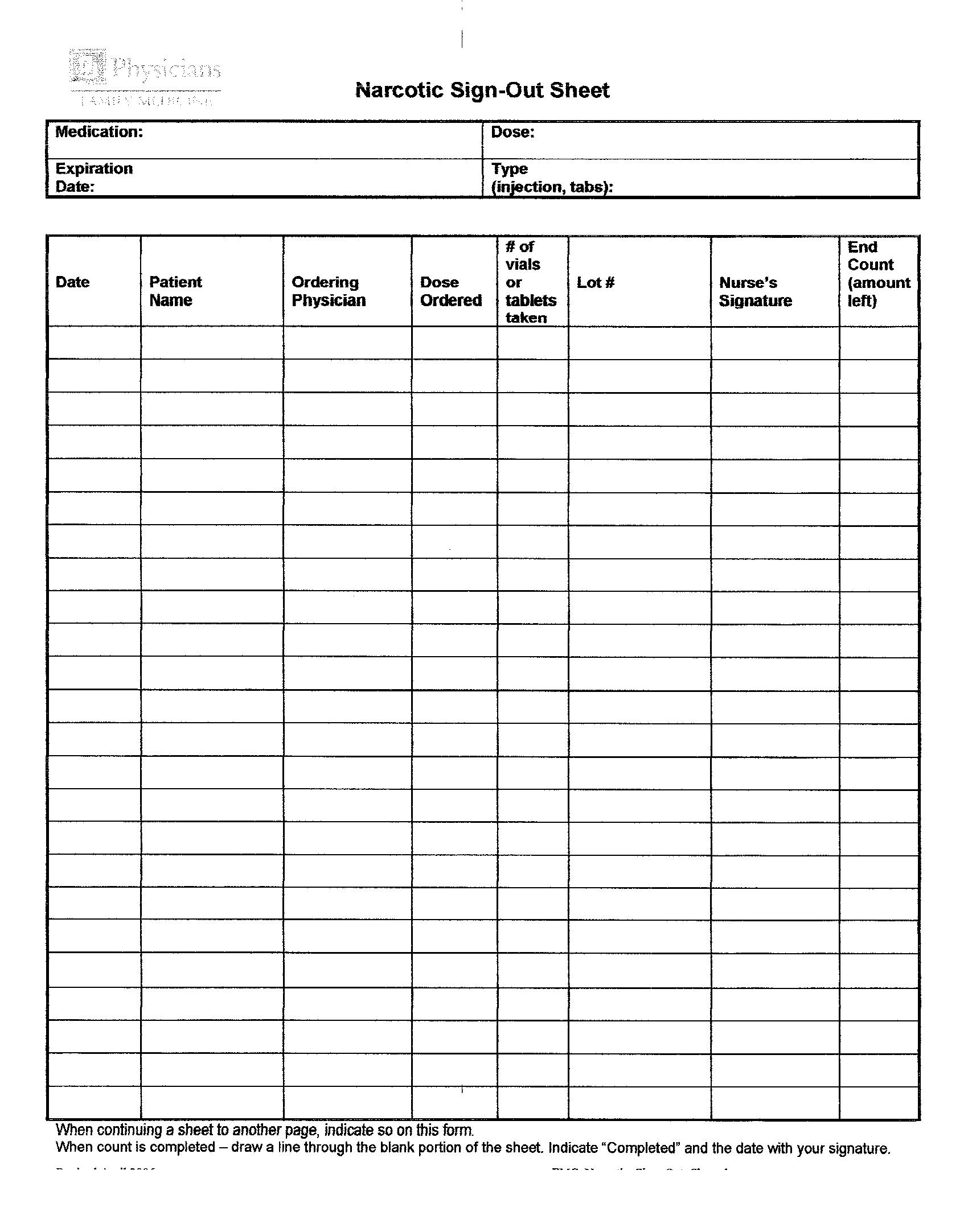  Shift To Shift Narcotic Count Sheet Template 